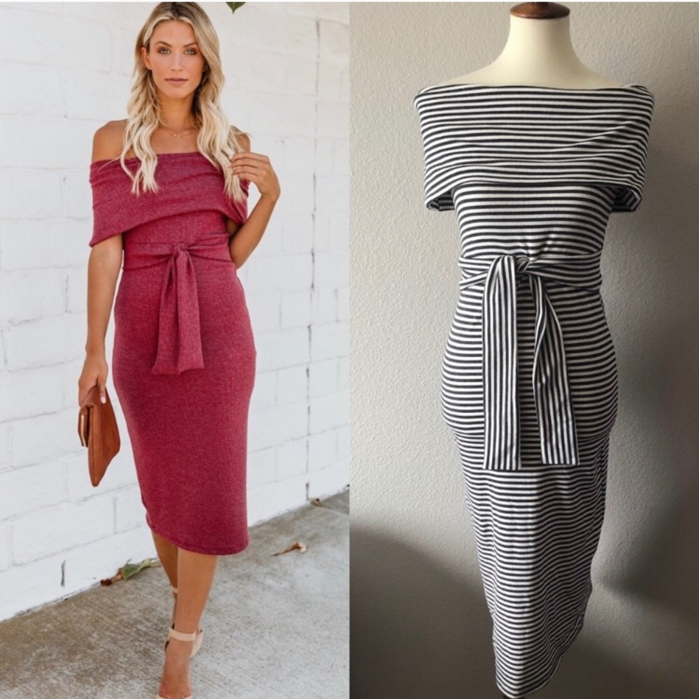 DONATED Vici off shoulder, striped bodycon dress